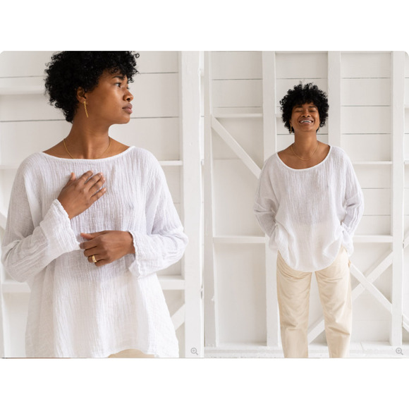 CP Shades Sibella Shirt Womens Medium Ivory Round Neck Top Linen Relaxed USA - Picture 1 of 9